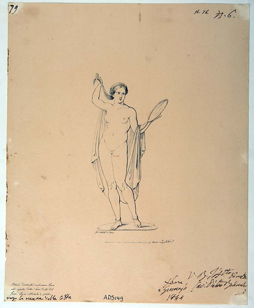 VI.5.3 Pompeii. Drawing by Giuseppe Abbate, 1844, of painted panel showing Aphrodite, found in room 1, now disappeared.
Now in Naples Archaeological Museum. Inventory number ADS 149.
Photo © ICCD. http://www.catalogo.beniculturali.it
Utilizzabili alle condizioni della licenza Attribuzione - Non commerciale - Condividi allo stesso modo 2.5 Italia (CC BY-NC-SA 2.5 IT)