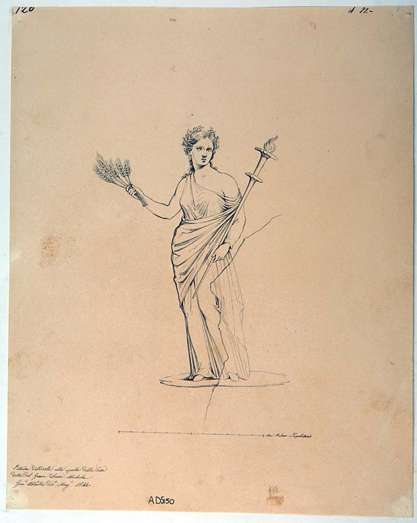 VI.5.3 Pompeii. Drawing by Giuseppe Abbate, 1844, of painted panel showing Demeter, found in room 1, now disappeared.
Now in Naples Archaeological Museum. Inventory number ADS 150.
Photo © ICCD. http://www.catalogo.beniculturali.it
Utilizzabili alle condizioni della licenza Attribuzione - Non commerciale - Condividi allo stesso modo 2.5 Italia (CC BY-NC-SA 2.5 IT)