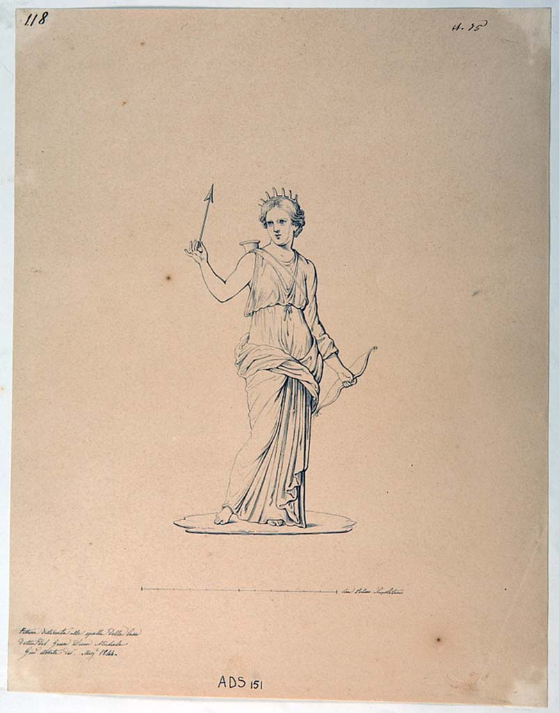 VI.5.3 Pompeii. Drawing by Giuseppe Abbate, 1844, of painted panel showing Artemis, found in room 1, now disappeared.
Now in Naples Archaeological Museum. Inventory number ADS 151.
Photo © ICCD. http://www.catalogo.beniculturali.it
Utilizzabili alle condizioni della licenza Attribuzione - Non commerciale - Condividi allo stesso modo 2.5 Italia (CC BY-NC-SA 2.5 IT)