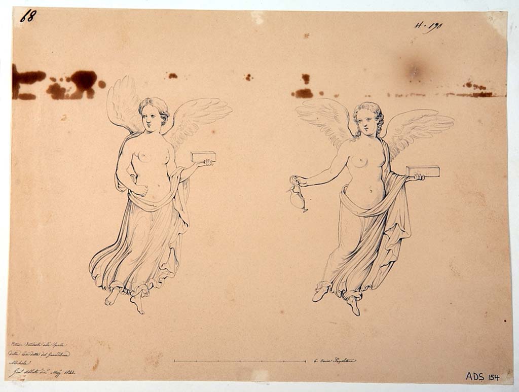 VI.5.3 Pompeii. Drawing by Giuseppe Abbate, 1844, of two vignettes of flying cupids, perhaps found in room 1, now disappeared.
Now in Naples Archaeological Museum. Inventory number ADS 154.
Photo © ICCD. http://www.catalogo.beniculturali.it
Utilizzabili alle condizioni della licenza Attribuzione - Non commerciale - Condividi allo stesso modo 2.5 Italia (CC BY-NC-SA 2.5 IT)