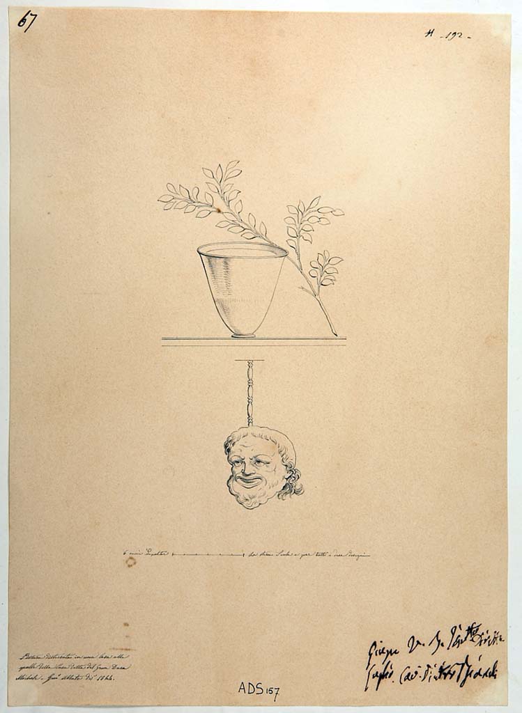 VI.5.3 Pompeii. Drawing by Giuseppe Abbate, 1844, of cup and branch, with head of Silenus below, now disappeared.
To which room these could be attributed is unknown, but from this house.
Now in Naples Archaeological Museum. Inventory number ADS 157.
Photo © ICCD. http://www.catalogo.beniculturali.it
Utilizzabili alle condizioni della licenza Attribuzione - Non commerciale - Condividi allo stesso modo 2.5 Italia (CC BY-NC-SA 2.5 IT)