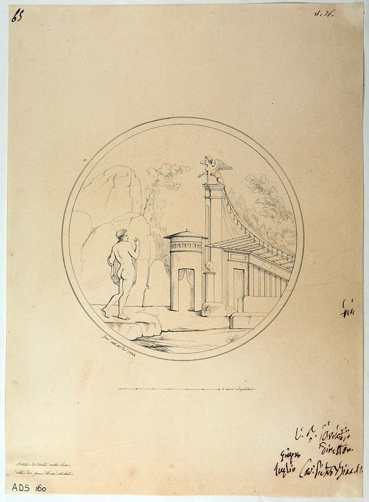 VI.5.5 Pompeii. 1844 drawing by Giuseppe Abbate showing remains of medallion with Oedipus questioning the Sphinx, (Helbig 1155),
Now in Naples Archaeological Museum. Inventory number ADS 160.
Photo � ICCD. http://www.catalogo.beniculturali.it
Utilizzabili alle condizioni della licenza Attribuzione - Non commerciale - Condividi allo stesso modo 2.5 Italia (CC BY-NC-SA 2.5 IT)
