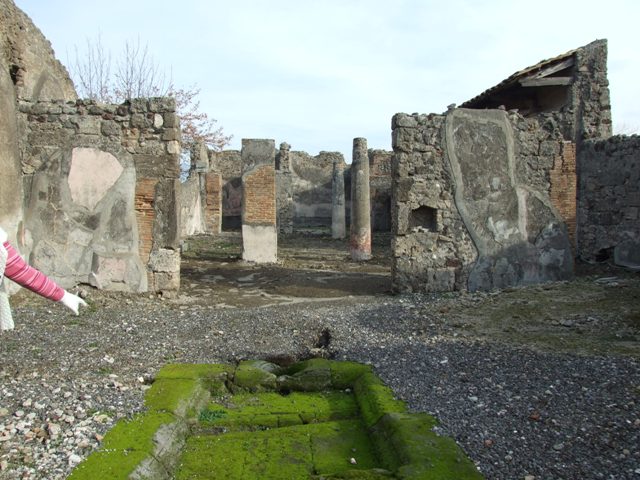VI.5.5 Pompeii. December 2007. Looking south-east across peristyle, from west portico. See also VI.5.21. According to Fiorelli, the garden area was enclosed by a portico on the west, north and east sides. In the middle of the garden was a pergola supported by four small slender columns painted with leaves and scales. According to Jashemski, on the south wall was a painted garden scene, divided into three panels by the half-columns.
See Jashemski, W. F., 1993. The Gardens of Pompeii, Volume II: Appendices. New York: Caratzas. (p.125-6)