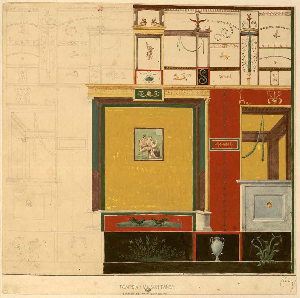 VI.6.1 Pompeii. Between 1823 and 1828. Painting by F. Duban of a wall in “Maison Pansa”.
See Duban F. Album de dessins d'architecture effectués par Félix Duban pendant son pensionnat à la Villa Medicis, entre 1823 et 1828: Tome 2, Pompéi, pl. 104.
INHA Identifiant numérique NUM PC 40425 (2)
https://bibliotheque-numerique.inha.fr/idurl/1/7157 « Licence Ouverte / Open Licence » Etalab