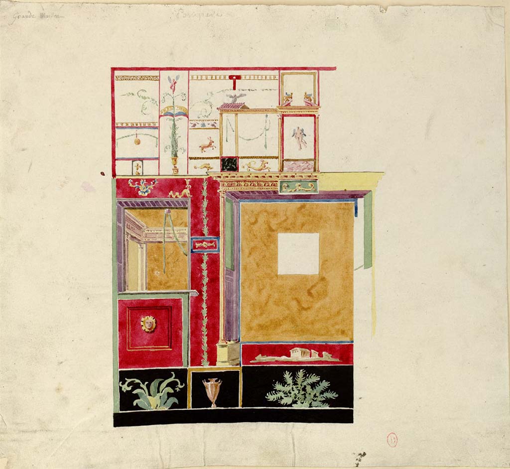 VI.6.1 Pompeii. Painting of wall by Chenavard. Possibly the other half of the wall painted and outlined by Duban or from the same room.
See Chenavard, Antoine-Marie (1787-1883) et al. Voyage d'Italie, croquis Tome 3, pl. 117.
INHA Identifiant numérique : NUM MS 703 (3). See Book on INHA
Document placé sous « Licence Ouverte / Open Licence » Etalab