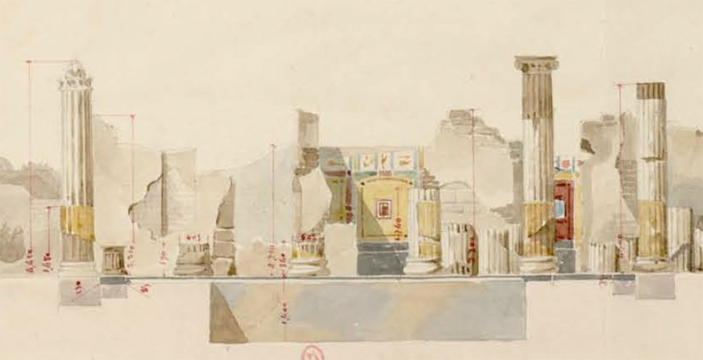 VI.6.1 Pompeii. July 1826, part of drawing by P.A. Poirot. Looking towards six columns on west side of peristyle and decorated rooms.
See Poirot, P. A., 1826. Carnets de dessins de Pierre-Achille Poirot. Tome 2 : Pompeia, pl. 17.
See Book on INHA Document placé sous « Licence Ouverte / Open Licence » Etalab