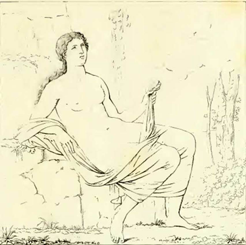 VI.6.1 Pompeii. 1825. Room 15, cubiculum on west side of peristyle.
Drawing of painting of Danae receiving the golden rain of Zeus.
See Real Museo Borbonico, Vol. 2, Pl. 36. Napoli: 1825.
See Helbig, W., 1868. Wandgemälde der vom Vesuv verschütteten Städte Campaniens. Leipzig: Breitkopf und Härtel. (115).