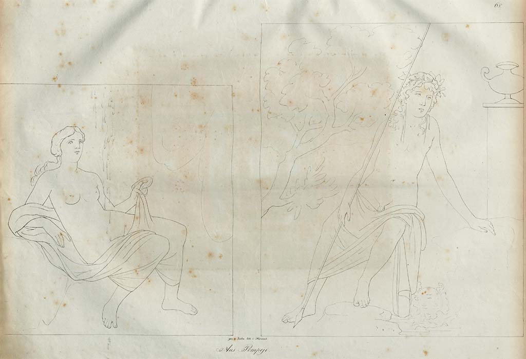 VI.6.1 Pompeii. Pre-1828. Room 15, sketch by Zahn of Danae, on the left.
On the right is a sketch of Narcissus, according to Zahn, 1828, this was from the Pantheon, according to his 1842 version, this was from VII.9.63/60, and already entered there.
See Zahn, W., 1828. Die schönsten Ornamente und merkwürdigsten Gemälde aus Pompeji, Herkulanum und Stabiae: I. Berlin: Reimer, taf. 68.