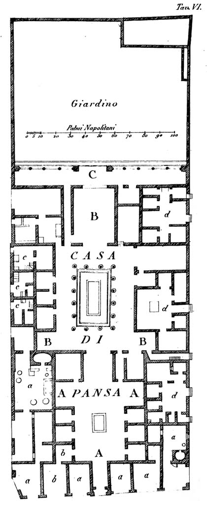 VI.6.7 Pompeii. c.1836. Plan of House of Pansa, VI.6.1 main entrance in lower centre.
The entrance doorway to this part of the house (marked "d") is shown as the second and third entrance from the lower right corner, on the east side of the insula.
See De Jorio, A., 1836. Guida di Pompei. Napoli: Fibrena, tav.VI.
