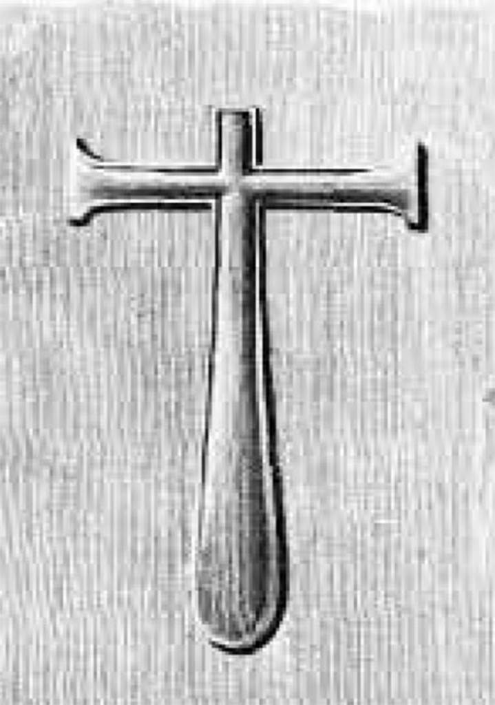 VI.6.20-21 Pompeii. 1824 drawing relief of a cross in stucco. See Mazois, F., 1824. Les Ruines de Pompei: Second Partie. Paris: Firmin Didot, p. 88. According to Stefani, this bakery was called “the bakery of the Christians” (Panificio dei Christiani) because of the relief of a cross in stucco, now vanished. This was found on the east wall of the shop, and was wrongly interpreted as a cross, the symbol of Christianity. See Stefani, G. (2005): Pompei. Un Panificio: in Cibi e Sapori a Pompei e dintorni, (p. 139). According to Della Corte, discovered in 1813 on the east wall in view of the road, was a panel of white stucco. On this panel in bas-relief was a Christian cross, although stylised, it was an object of veneration found opposite the pagan lararium. See Della Corte, M., 1965. Case ed Abitanti di Pompei. Napoli: Fausto Fiorentino. (p.115).