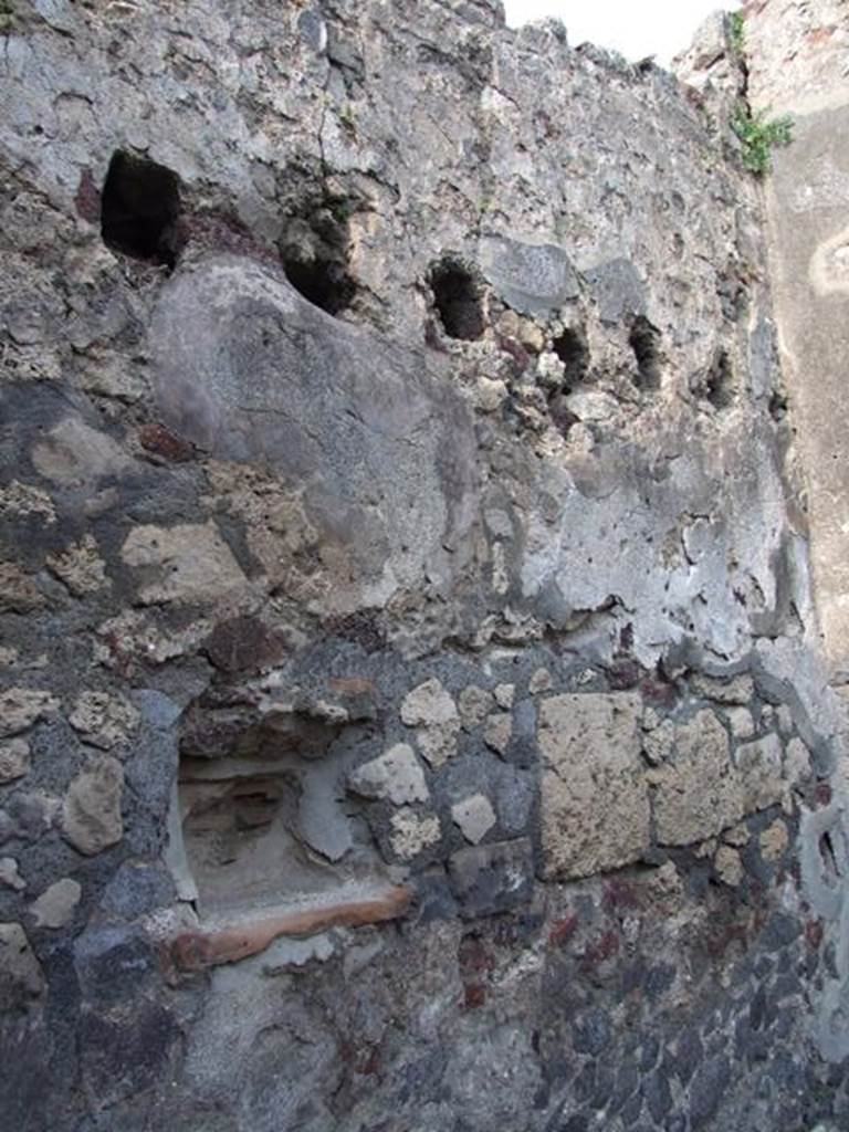 VI.7.5 Pompeii.  March 2009.  East wall, looking south east at niche and hearth. 