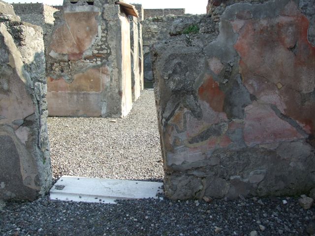 VI.7.6 Pompeii. March 2009. Room 10, south wall and south-east corner of triclinium, with doorway into atrium.