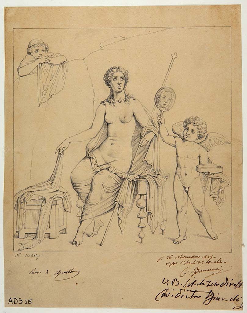 VI.7.23 Pompeii. Pen and ink drawing by Nicola La Volpe, 26th November 1838, showing the Toilet of Venus from central panel of south wall of tablinum.
Now in Naples Archaeological Museum. Inventory number ADS 215.
Photo © ICCD. http://www.catalogo.beniculturali.it
Utilizzabili alle condizioni della licenza Attribuzione - Non commerciale - Condividi allo stesso modo 2.5 Italia (CC BY-NC-SA 2.5 IT)