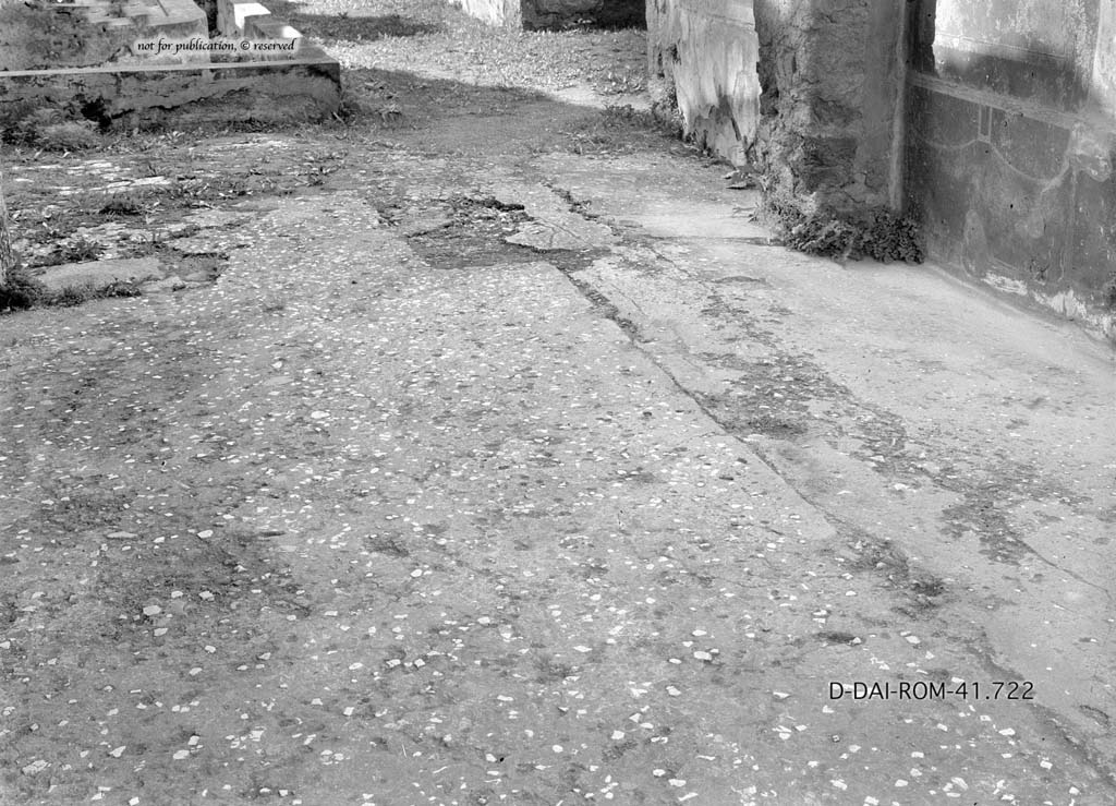 VI.7.23 Pompeii. c.1930. Looking west across flooring in tablinum, the north wall is on the right.
DAIR 41.722. Photo © Deutsches Archäologisches Institut, Abteilung Rom, Arkiv.
See Pernice, E. 1938. Pavimente und Figürliche Mosaiken: Die Hellenistische Kunst in Pompeji, Band VI. Berlin: de Gruyter, (p. 85, tav.38,3, above.)
