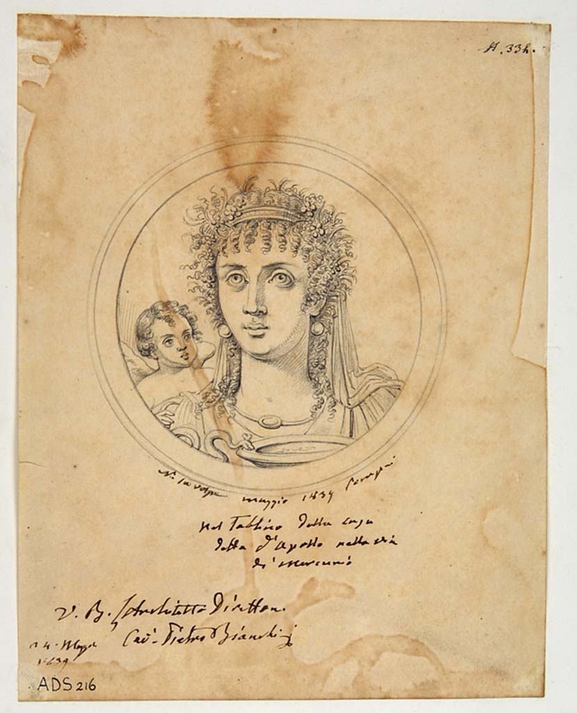 VI.7.23 Pompeii. Pen and ink drawing by Giuseppe Abbate, May 1839, of one of the medallions from the tablinum.
This medallion may be Summer, which shows her holding a cup from which a serpent is drinking, held by the tail by the cupid behind her right shoulder.
It may have been the one from the east end of the north wall.
Now in Naples Archaeological Museum. Inventory number ADS 216.
Photo © ICCD. https://www.catalogo.beniculturali.it
Utilizzabili alle condizioni della licenza Attribuzione - Non commerciale - Condividi allo stesso modo 2.5 Italia (CC BY-NC-SA 2.5 IT)