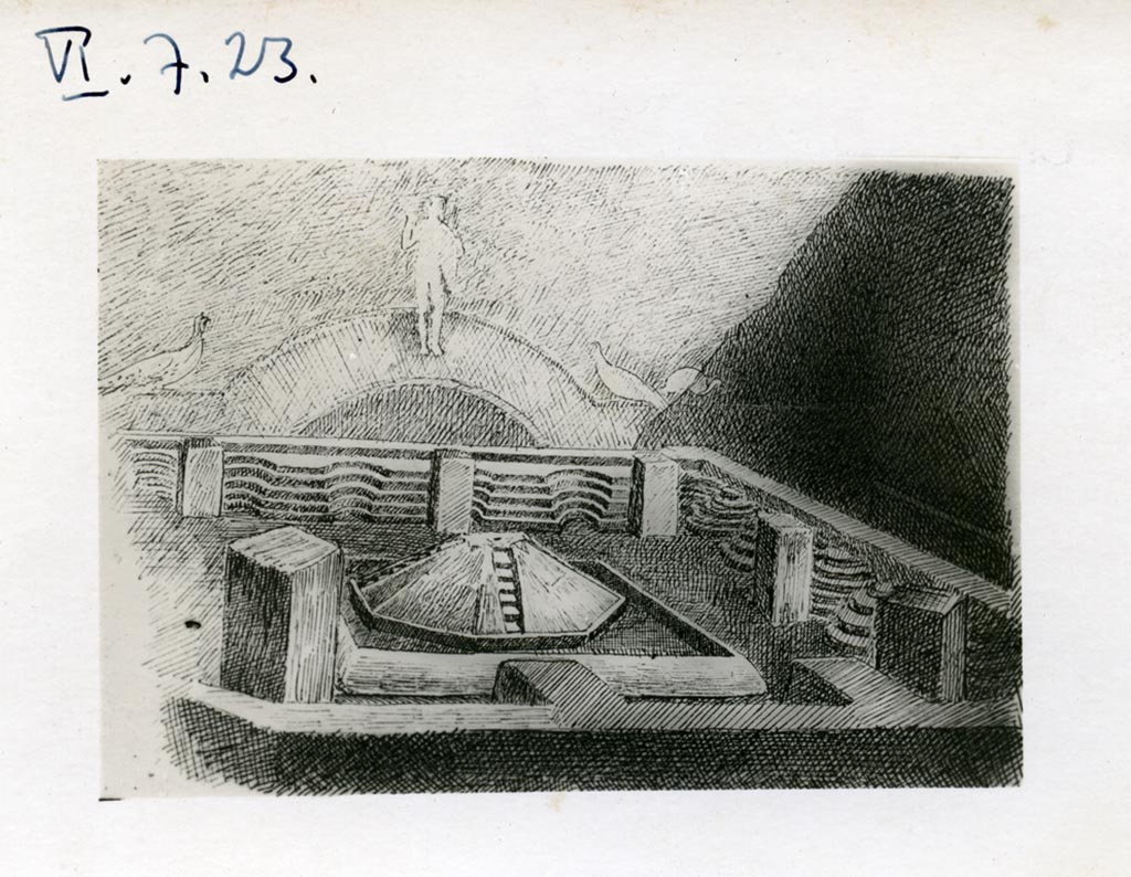 VI.7.23 Pompeii. Pre-1937-1939. Drawing of pyramidal fountain in courtyard.
Photo courtesy of American Academy in Rome, Photographic Archive. Warsher collection no. 421.