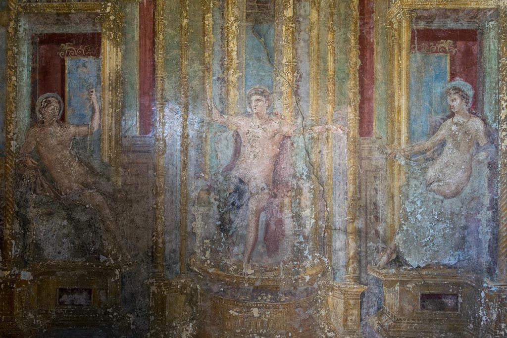 VI.7.23 Pompeii. October 2023.
Detail from west alcove, west wall of the cubiculum duplex in the viridarium. Photo courtesy of Johannes Eber.
