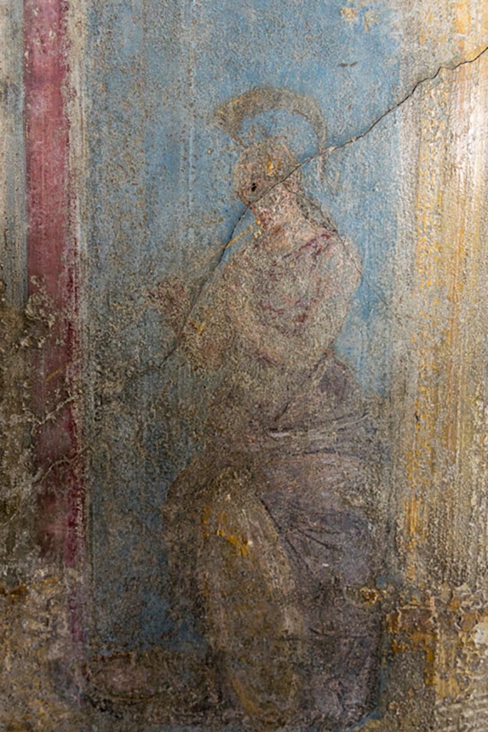 VI.7.23 Pompeii. October 2023.
Cubiculum. North wall at west end. Athena. Photo courtesy of Johannes Eber.