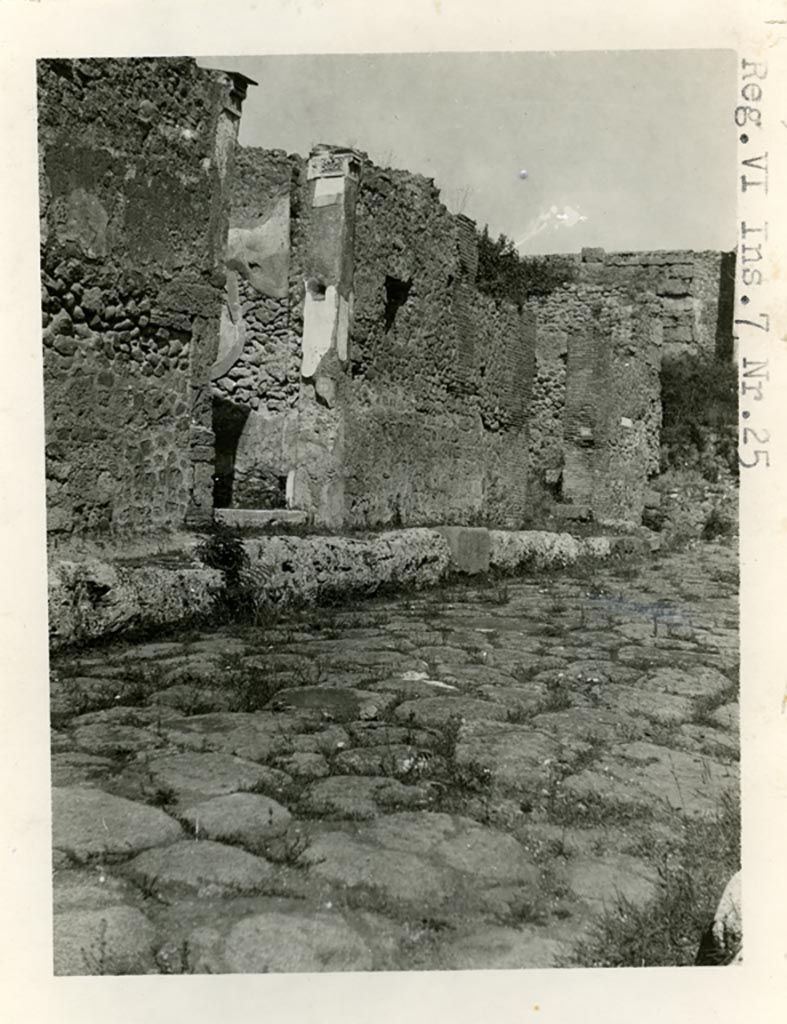 VI.7.25 Pompeii. Pre-1937-39. Doorway on west side of Via di Mercurio, on left.
The doorway to VI.7.26 at the north end of Via Mercurio can be seen on the right.
Photo courtesy of American Academy in Rome, Photographic Archive. Warsher collection no. 1520.