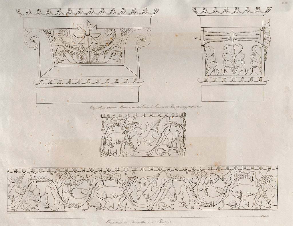 VI.7.25 Pompeii.
According to Zahn, the top two drawings are of the marble capitals at the sides of the entrance, discovered in 1830.
The drawings below are of terracotta decorations from Pompeii, drawn in the Royal Museum of Naples.
See Zahn, W., 1842-44. Die schönsten Ornamente und merkwürdigsten Gemälde aus Pompeji, Herkulanum und Stabiae: II. Berlin: Reimer, taf. 46.