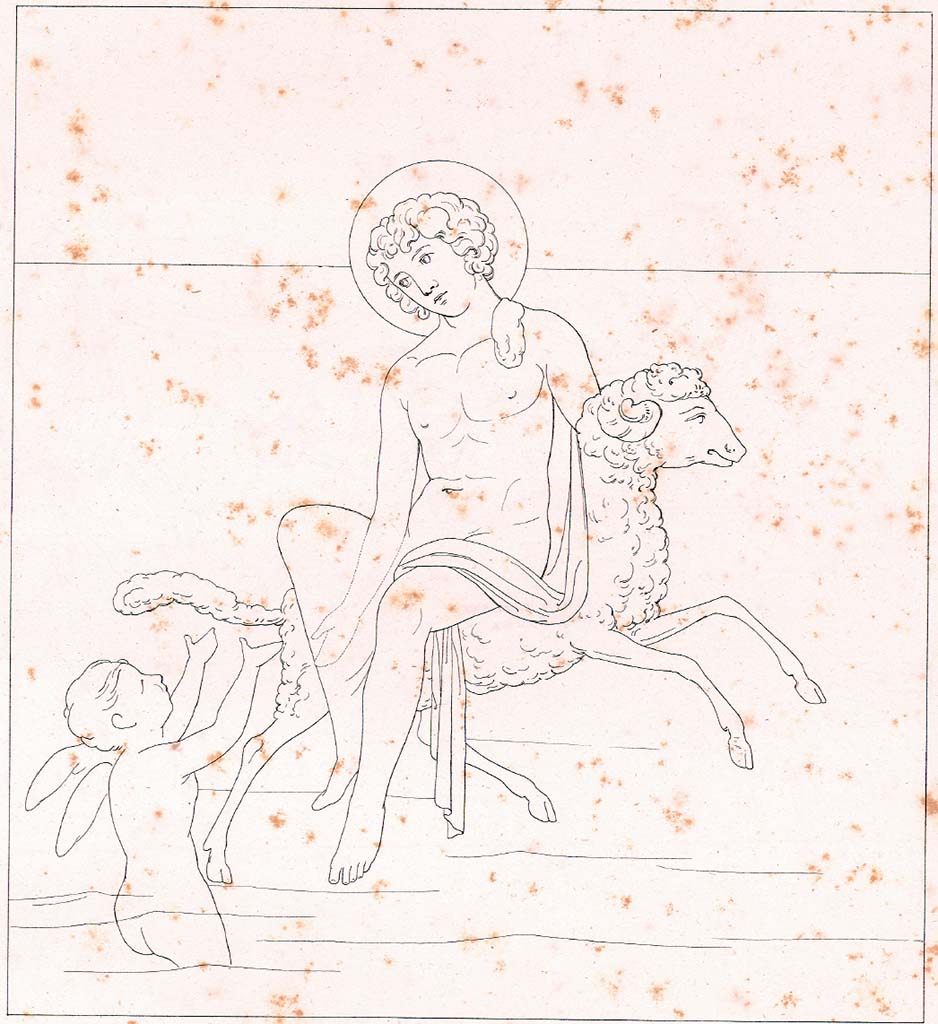 VI.8.5 Pompeii. c.1828. Room 9, drawing by Zahn of Phryxus and Helle, the central painting on west wall. 
See Zahn W. Neu entdeckte Wandgem�lde in Pompeji gezeichnet von W. Zahn [ca. 1828], taf. 11.
