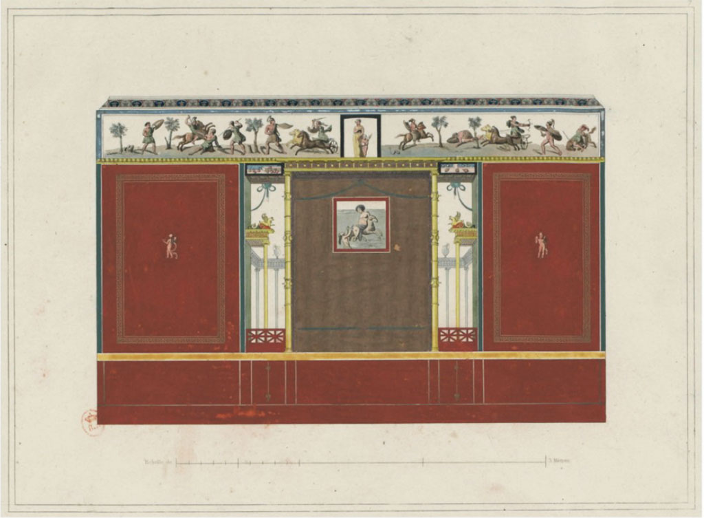 VI.8.5 Pompeii. c.1828. Room 9, looking towards west wall of cubiculum with painting of Phryxus and Helle in the centre.
See Raoul Rochette et Bouchet J., 1828. Choix d'Edifices In�dits : Maison du Po�te Tragique. Paris, pl 7. (Chambre 18 on their plan.)
