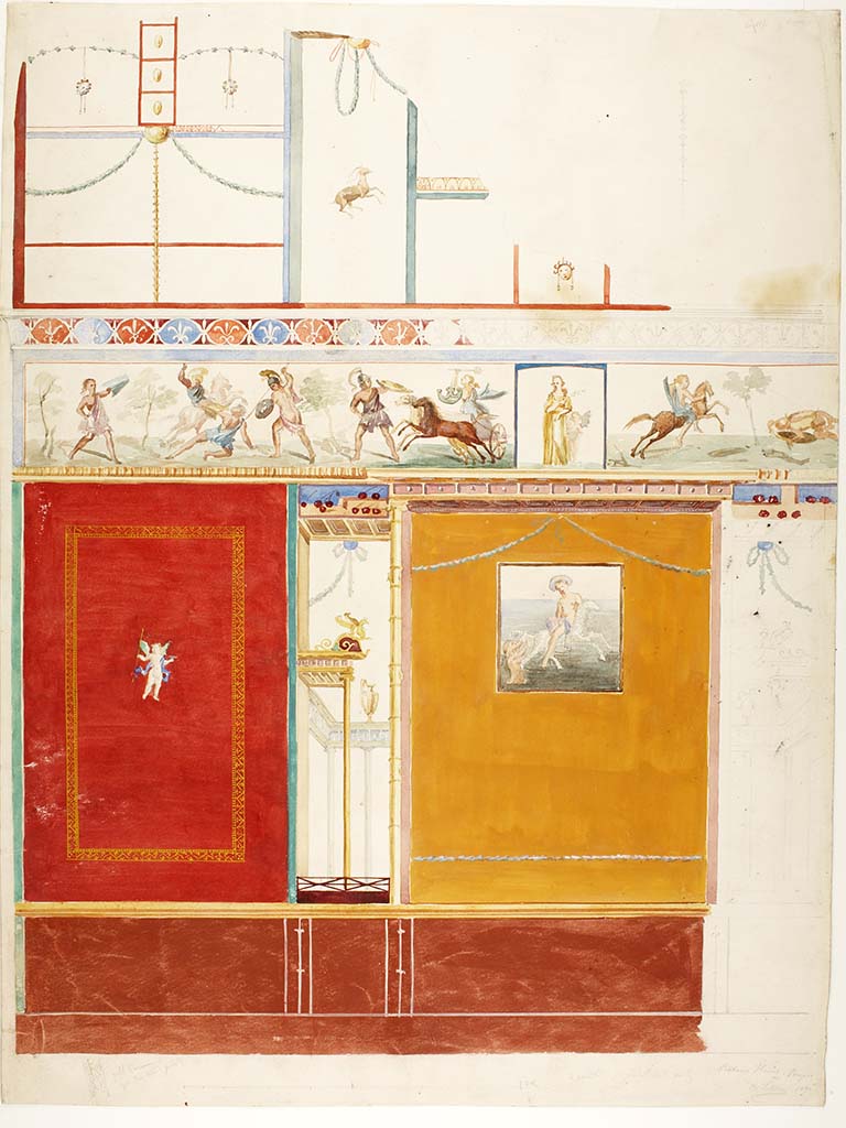 VI.8.5 Pompeii. Room 9, 1841 painting by Carl L�ffler of west wall of cubiculum.
Photo courtesy Thorvaldsens Museum Copenhagen, inventory number D1816. Use Public Domain CC0.
