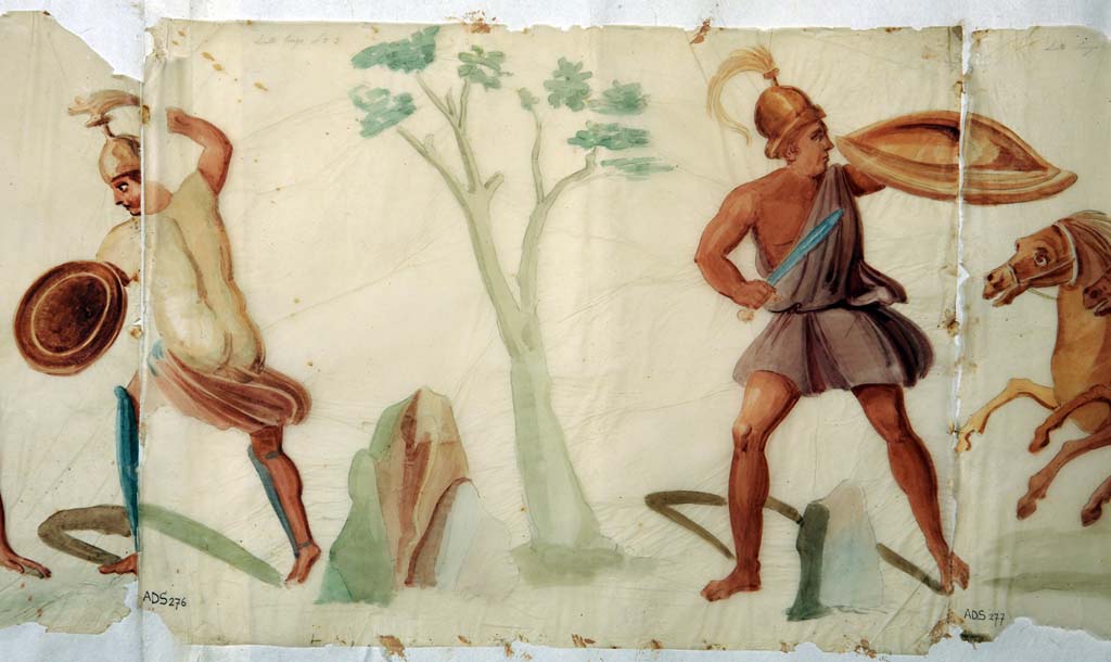 VI.8.5 Pompeii. Room 9, pencil/crayon and watercolour paintings from frieze from upper wall of cubiculum, found on the left side of the Venus Pompeiana.
Now in Naples Archaeological Museum. Inventory number ADS 276.
Photo � ICCD. http://www.catalogo.beniculturali.it
Utilizzabili alle condizioni della licenza Attribuzione - Non commerciale - Condividi allo stesso modo 2.5 Italia (CC BY-NC-SA 2.5 IT)
