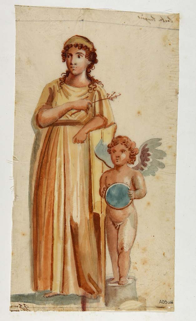 VI.8.5 Pompeii. Room 9, pencil/crayon and watercolour paintings from frieze from upper wall of cubiculum.
Painting of Venus Pompeiana with cupid.
Then follows, to the right of Venus Pompeiana and cupid (on the long side of the wall, perhaps the west wall) - 
Now in Naples Archaeological Museum. Inventory number ADS 266.
Photo � ICCD. http://www.catalogo.beniculturali.it
Utilizzabili alle condizioni della licenza Attribuzione - Non commerciale - Condividi allo stesso modo 2.5 Italia (CC BY-NC-SA 2.5 IT)
