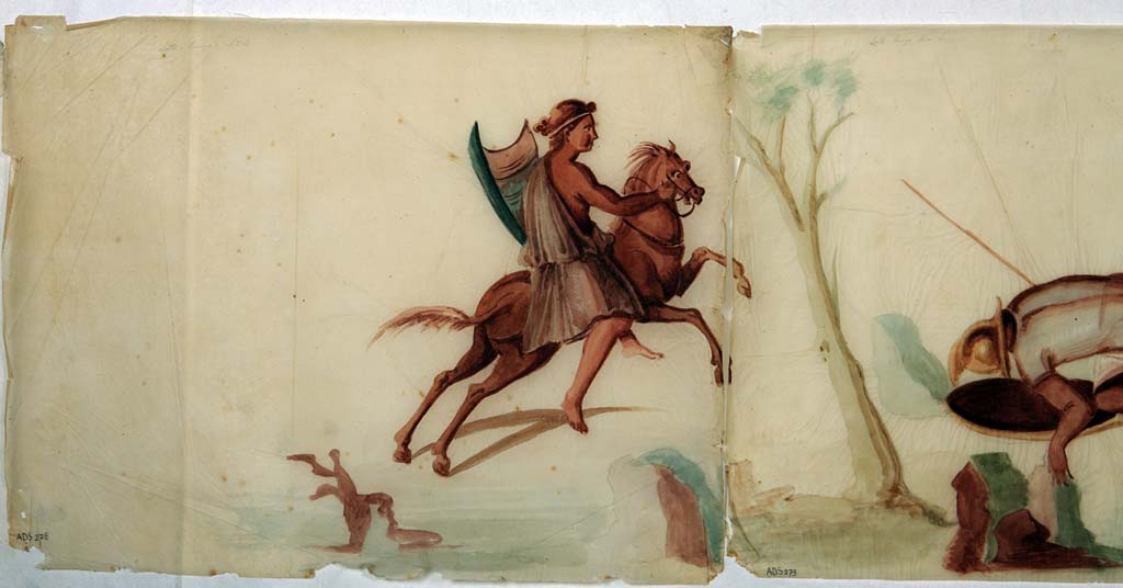 VI.8.5 Pompeii. Room 9, pencil/crayon and watercolour paintings from frieze from upper wall of cubiculum, found to the right of Venus Pompeiana.
Now in Naples Archaeological Museum. Inventory number ADS 278.
Photo � ICCD. http://www.catalogo.beniculturali.it
Utilizzabili alle condizioni della licenza Attribuzione - Non commerciale - Condividi allo stesso modo 2.5 Italia (CC BY-NC-SA 2.5 IT)
