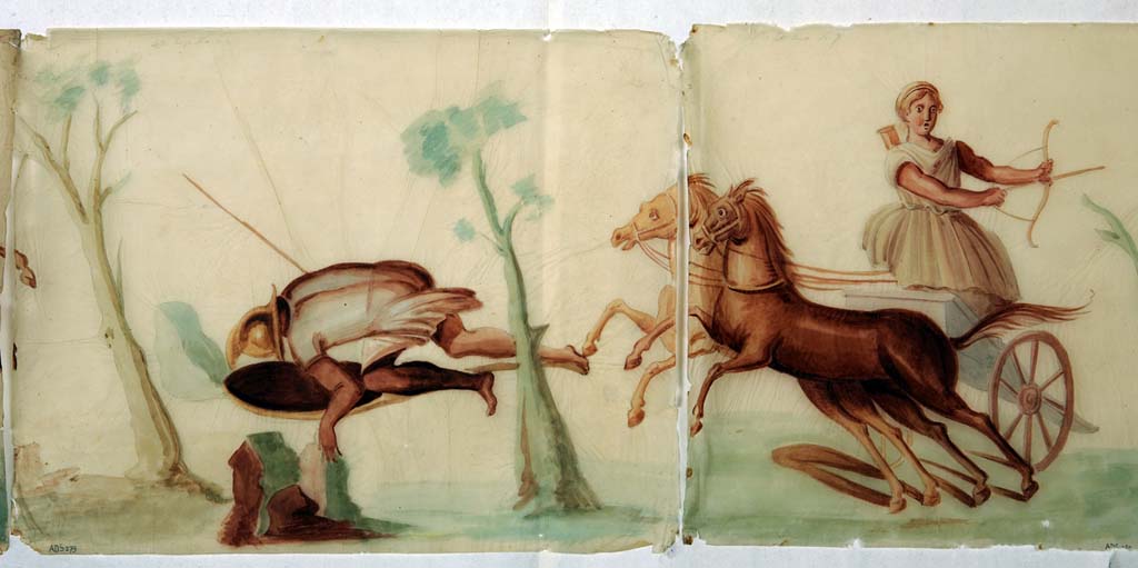 VI.8.5 Pompeii. Room 9, pencil/crayon and watercolour paintings from frieze from upper wall of cubiculum, found to the right of Venus Pompeiana.
Now in Naples Archaeological Museum. Inventory number ADS 279 and ADS 280.
Photo � ICCD. http://www.catalogo.beniculturali.it
Utilizzabili alle condizioni della licenza Attribuzione - Non commerciale - Condividi allo stesso modo 2.5 Italia (CC BY-NC-SA 2.5 IT)
