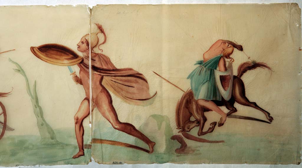 VI.8.5 Pompeii. Room 9, pencil/crayon and watercolour paintings from frieze from upper wall of cubiculum, found to the right of Venus Pompeiana.
Then follows to the right of a cupid, (on the short side of the wall) �
Now in Naples Archaeological Museum. Inventory numbers ADS 281.
Photo � ICCD. http://www.catalogo.beniculturali.it
Utilizzabili alle condizioni della licenza Attribuzione - Non commerciale - Condividi allo stesso modo 2.5 Italia (CC BY-NC-SA 2.5 IT)

