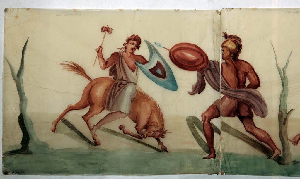 VI.8.5 Pompeii. Room 9, pencil/crayon and watercolour paintings from frieze from upper wall of cubiculum, found to the right of a cupid (on the short side of a wall).
Now in Naples Archaeological Museum. Inventory number ADS 282.
Photo � ICCD. http://www.catalogo.beniculturali.it
Utilizzabili alle condizioni della licenza Attribuzione - Non commerciale - Condividi allo stesso modo 2.5 Italia (CC BY-NC-SA 2.5 IT)
