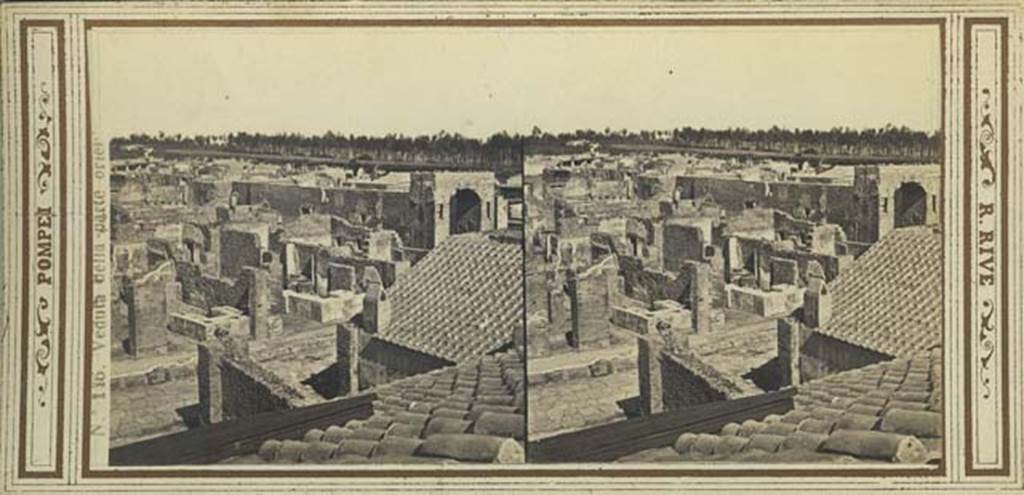 VI.8.9 Pompeii. Stereoview by R. Rive, c.1870’s, looking north from Forum Baths towards VI.8.8 and VI.8.9 and Arch in Via Mercurio. Photo courtesy of Rick Bauer.