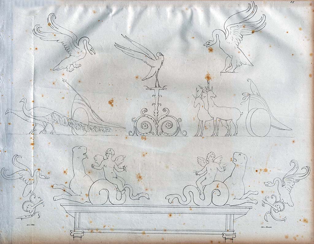 VI.8.20 Pompeii. Pre-1828. Drawings by Zahn, two chariots in the centre from this room, our room 5.
On the left, the chariot of Hera/Juno pulled by two peacocks, and on the right, the chariot of Artemis/Diana pulled by two deer.
These were provenanced from the excavation made in the summer of 1826.
At the top, the two swans are from the House of the Tragic Poet.
In the centre, between the two chariots, is a painting of a decoration from the Casa dell’Iside, VI.2.22
The two groups of other architectural decorations, below, were found and drawn in the Naples Museum.
See Zahn, W., 1828. Die schönsten Ornamente und merkwürdigsten Gemälde aus Pompeji, Herkulanum und Stabiae: I. Berlin: Reimer, taf. 61.