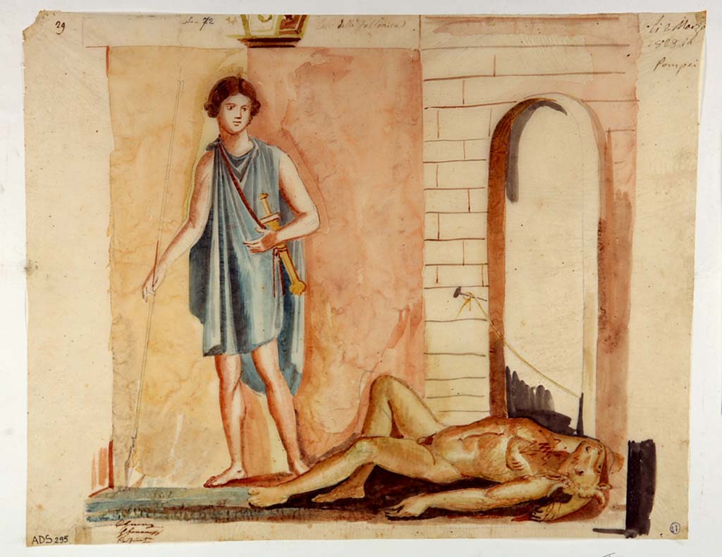 VI.8.20 Pompeii. Watercolour by Giuseppe Marsigli, 2nd March 1829, showing Theseus and the Minotaur from north wall of oecus, but now completely lost from the wall.
Now in Naples Archaeological Museum. Inventory number ADS 295.
Photo © ICCD. http://www.catalogo.beniculturali.it
Utilizzabili alle condizioni della licenza Attribuzione - Non commerciale - Condividi allo stesso modo 2.5 Italia (CC BY-NC-SA 2.5 IT)