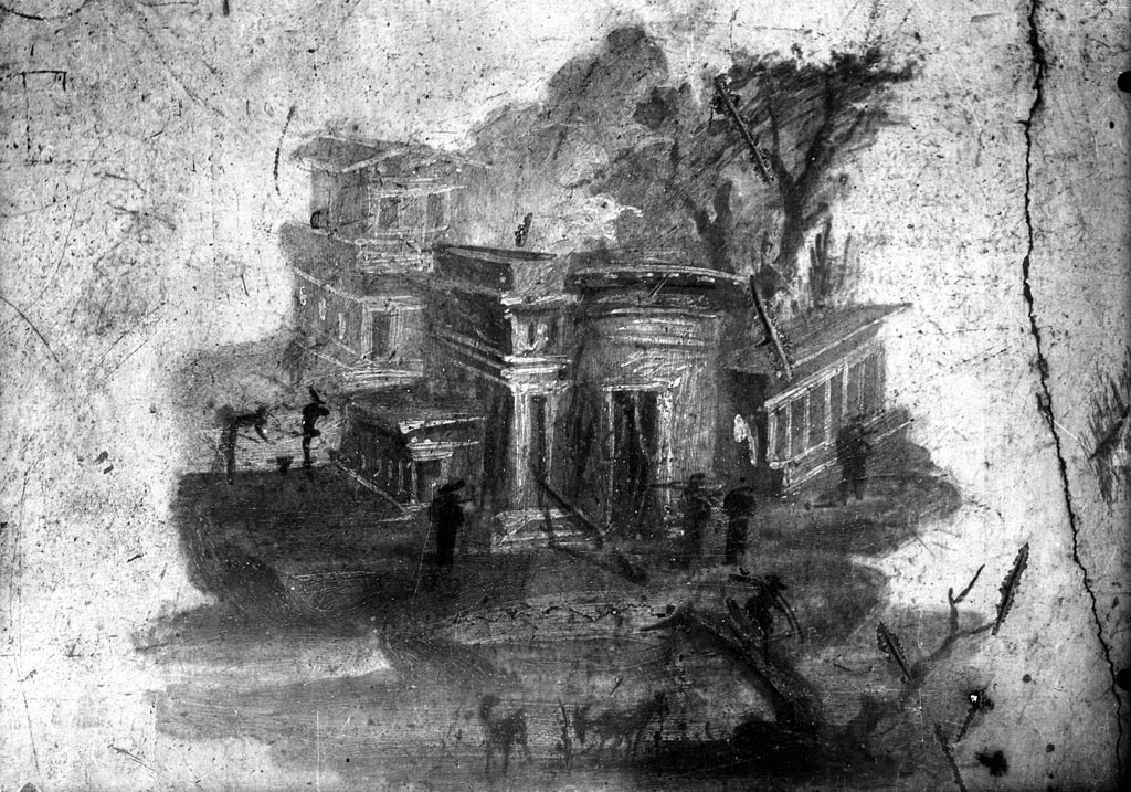 VI.8.23 Pompeii. W.405. Wall painting of architectural landscape with houses or temple, from centre of north wall.
Photo by Tatiana Warscher. With kind permission of DAI Rome, whose copyright it remains.