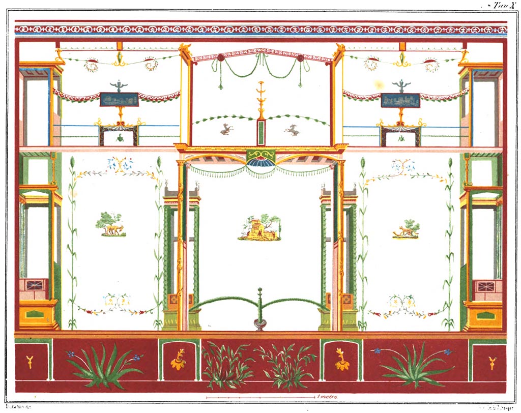VI.8.23 Pompeii. South wall of cubiculum, with Bacchic elements, painted by Discanno, with chromolithograph by Steeger.
See Steeger V., 1877. Le più belle pareti di Pompei. Torino: Loescher. Fasc. III, tav. IX (not X as at top of painting).