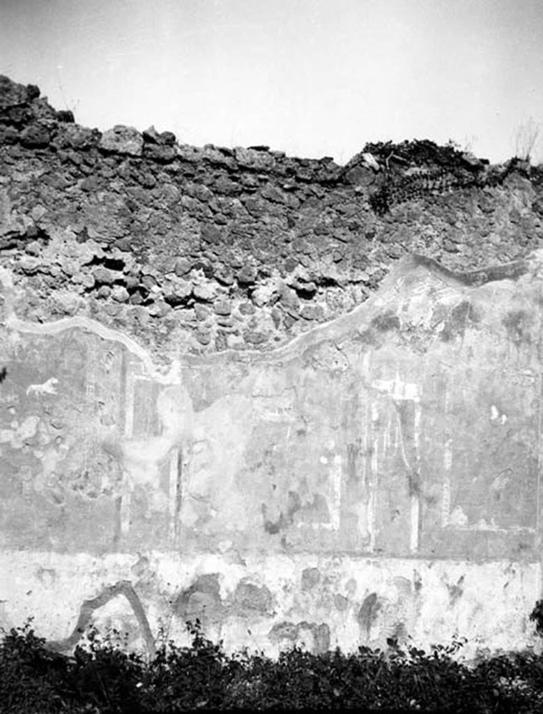 231497 Bestand-D-DAI-ROM-W.635.jpg
6.9.1 Pompeii. W635. Room 11, looking towards north wall with remains of wall decs.
Photo by Tatiana Warscher. With kind permission of DAI Rome, whose copyright it remains. 
See http://arachne.uni-koeln.de/item/marbilderbestand/231497 
According to Warscher, it was possible to measure exactly the divisions on the north wall. 
1) side panel � 1,15;   2) architectural motive � 0,14;
3) central panel � 1,00;   4) architectural motive � 0,13;
5) side panel � 1,16.
On each side panel a panther was represented; on the central panel were two beasts but could not be indentified. The traces on the west and east wall showed that these were painted in the same manner as the north wall, but since these walls were longer the panels were proportionately wider or there were five panels. The measure showed that the central panel was 1,25m. This was a convenient place for a picture of 0.95 wide. I have minutely examined the border of the same painting, there are traces of yellow colour. We have therefore an indication that the painting had been taken from a yellow background. Bonucci called the house �House of Iside and Io�. This was a decisive argument, as Bonucci worked at Pompeii at the time of the excavation of the house in question. Moreover, it was possible that the painting may have been from another room in this house. The painting of Io was a long way from being one of the best paintings from Pompeii, but without doubt it was the best painting in the �Gabinianum�. Nothing prevents us from believing that in this room were the sacred banquets and the presence of the painting of Io in an unassuming tavern was a proof that the cult of Isis was widespread among the lower classes of Pompeii. It was not possible however to say definitely if the painting of Io was on the west wall or the east.  Right in the centre of the west wall there is a hole, part of which goes all the way to the other side � to the east side of the ala.  See the photographs.
See Warscher, T, 1938: Codex Topographicus Pompejanus, Regio VI, insula 9: Pars prima, (no.17, 17a), DAIR, Rome.  

 
