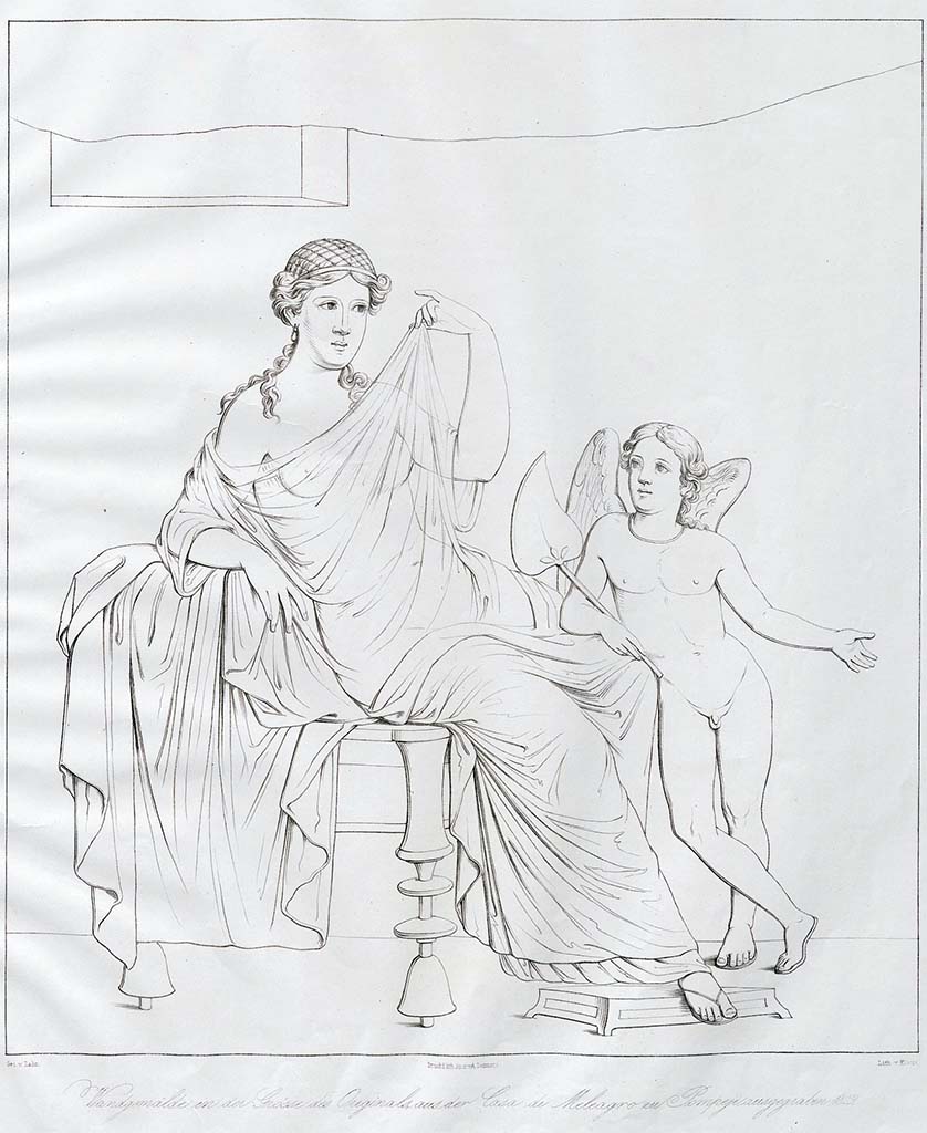VI.9.2 Pompeii. Pre-June 1854. Drawing by Zahn of female figure, possibly Helen, and cupid from room 28.
See Zahn, W., 1852-59. Die sch�nsten Ornamente und merkw�rdigsten Gem�lde aus Pompeji, Herkulanum und Stabiae: III. Berlin: Reimer, taf. 58.
