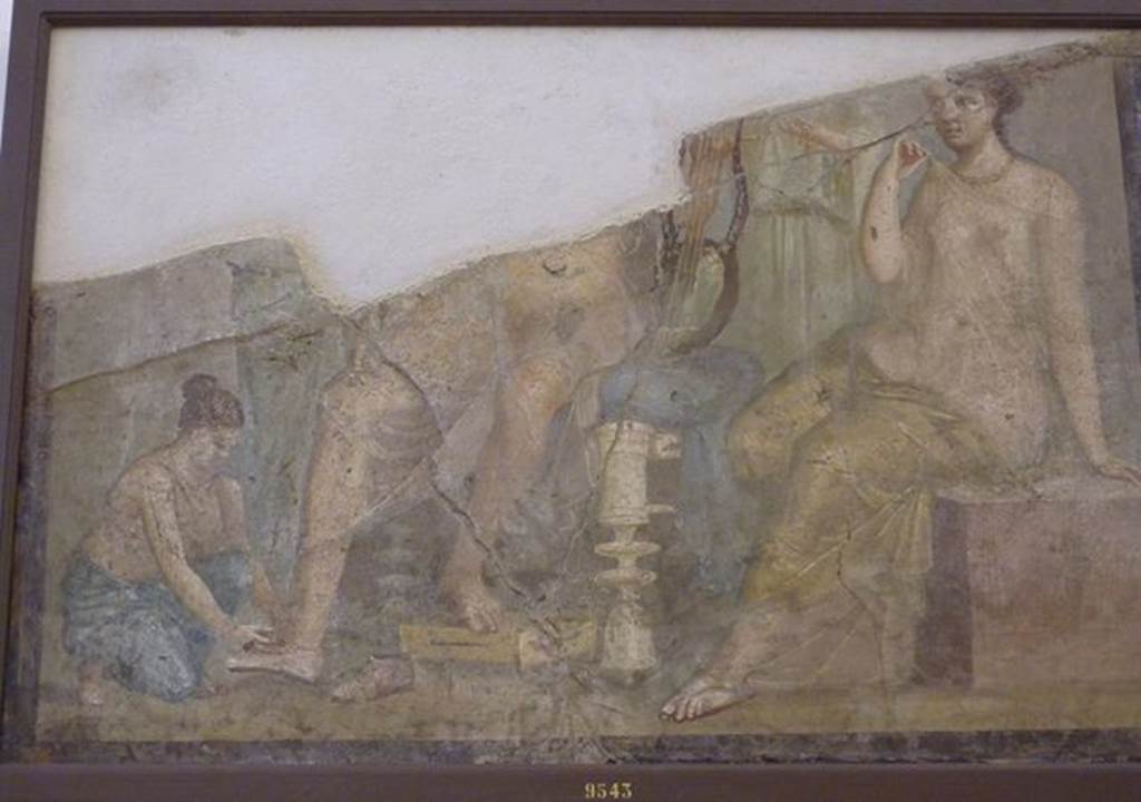 VI.9.2 Pompeii. Found 22nd September 1829 on west end of south wall of room 2, atrium. 
Wall painting of a servant putting the shoes on a man with a lyre. A woman sits at his side and other figures stand in the background. Now in Naples Archaeological Museum. Inventory number 9543.  According to Overbeck-Mau, this painting might have been of Paris and Helen.
See Overbeck J., 1884. Pompeji in seinen Geb�uden, Alterth�men und Kunstwerken. Leipzig: Engelmann. (p.309)
See Helbig, W., 1868. Wandgem�lde der vom Vesuv versch�tteten St�dte Campaniens. Leipzig: Breitkopf und H�rtel. (1386b).

