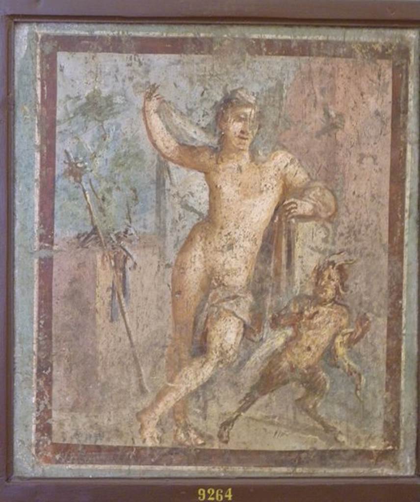 VI.9.2 Pompeii.   12th October 1829.  Room 13.  Cubiculum on south side of atrium. Wall painting of Hermaphrodite and a startled Pan who flees in surprise. Now in Naples Archaeological Museum.  Inventory number 9264. See Helbig, W., 1868. Wandgem�lde der vom Vesuv versch�tteten St�dte Campaniens. Leipzig: Breitkopf und H�rtel. (1371).