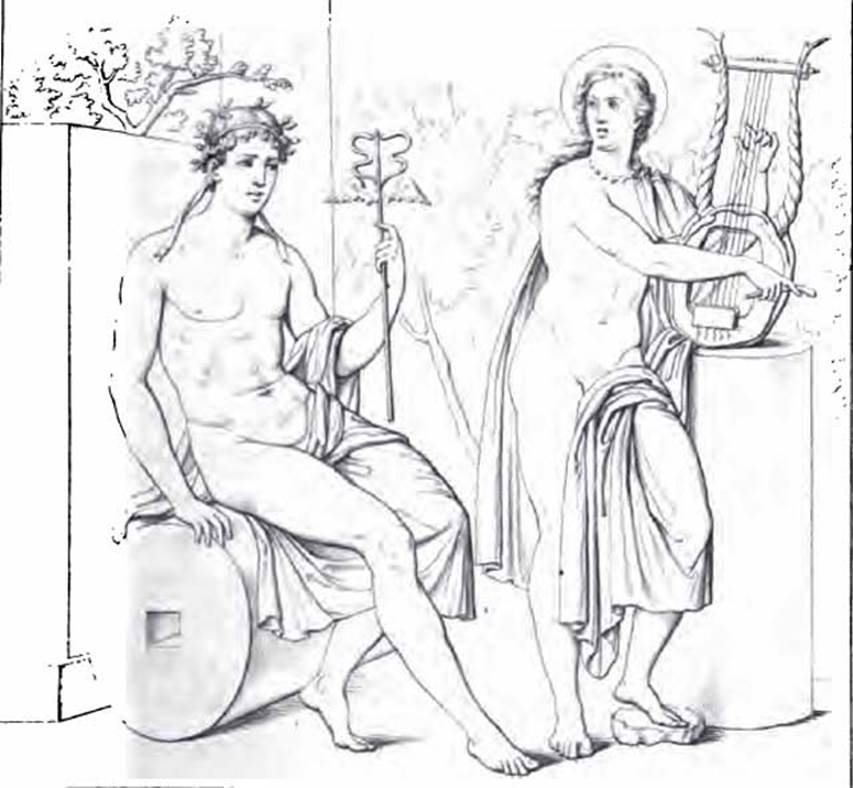 VI.9.2 Pompeii. 1834 drawing of Apollo and Mercury painting, room 29, centre of south wall.
See Real Museo Borbonico, X, 1834, Tav. XXXVII.
See Bragantini, de Vos, Badoni, 1983. Pitture e Pavimenti di Pompei, Parte 2. Rome: ICCD. P. 199.
See Schefold, K., 1957. Die W�nde Pompejis. Berlin: De Gruyter.  p.110.
See Helbig, W., 1868. Wandgem�lde der vom Vesuv versch�tteten St�dte Campaniens. Leipzig: Breitkopf und H�rtel. (201).
