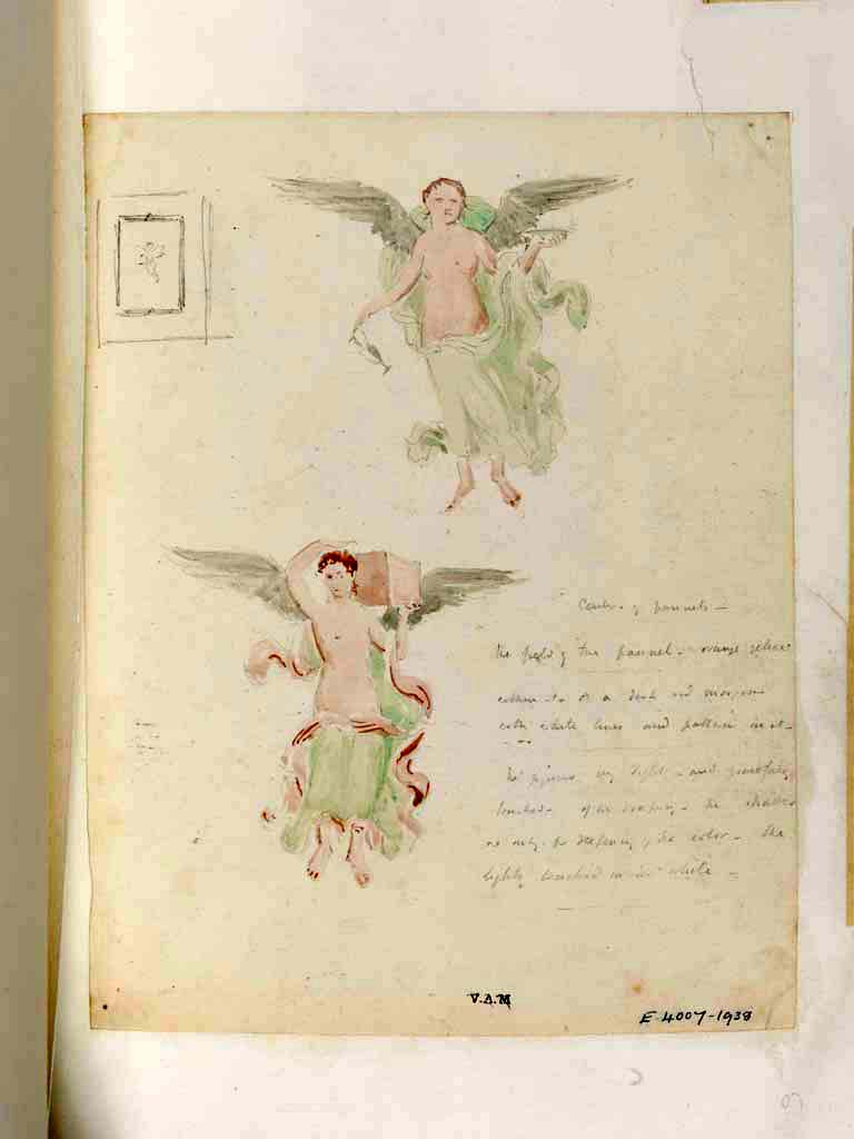 VI.9.2 Pompeii. c.1840. Room 29, south wall. (?) Painting by James William Wild showing Cupids/Amorini. 
At the top, on the left, he drew a small panel to show where these could be found.
On the right, he wrote � 
�Centre of panels � the fields of the panel orange yellow within �a to a�, a dark red margin with white line and pattern in it. 
The figures very light and gracefully touched � of the drapery - the shades are only a deepening of the colour. The lights touched in white.�
The Warscher photo, above, shows the dark edged square panels above the zoccolo/dado, where we think these may have been found.
The Jashemski photo, above, (J68f0997) shows how faded the panels were in 1968.
Reading PPP, and PPM, we are not sure whether there would have been two panels on both the north and south wall, or just these two on the south wall. 
If anyone knows anything different, we would be pleased to hear from them.
Photo � Victoria and Albert Museum, inventory number E.4007-1938. 
