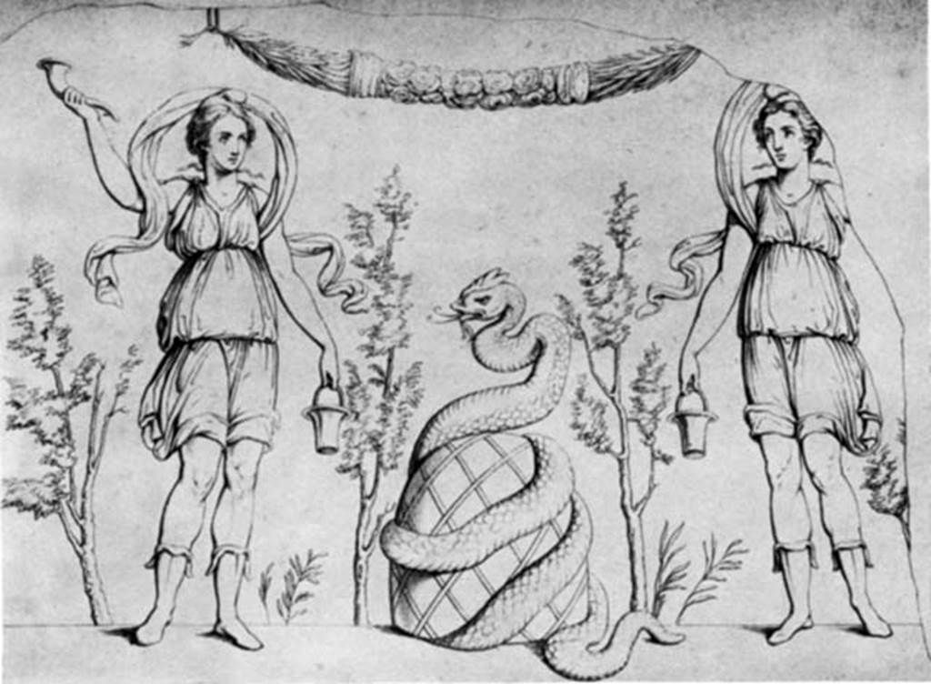 VI.9.2 Pompeii. About 1830. Room 38, kitchen, lararium painting. This was painted on a white plaster panel.
In the centre was a serpent coiled around an omphalos or an altar and on each side stood a Lar.
According to Boyce, the altar was a blue omphalos, the Lares wore bright violet Phrygian caps, blue tunic and red Pallium (cloak). 
Each held a rhyton and situla. Each Lar was standing between two laurel trees. A garland was above.
See Boyce G. K., 1937. Corpus of the Lararia of Pompeii. Rome: MAAR 14. (174, Pl: 21,2).
Helbig described the altar as an omphalos.
Giacobello said that Boyce erroneously described the altar as an omphalos.
Both Frohlich and Giacobello say the lararium was on the west wall, above the hearth.
See Real Museo Borbonico IX, T: XX.
See Helbig, W., 1868. Wandgem�lde der vom Vesuv versch�tteten St�dte Campaniens. Leipzig: Breitkopf und H�rtel. (37).
See Fr�hlich, T., 1991. Lararien und Fassadenbilder in den Vesuvst�dten. Mainz: von Zabern. (p.277)
See Giacobello, F., 2008. Larari Pompeiani: Iconografia e culto dei Lari in ambito domestico. Milano: LED Edizioni. (p.175).