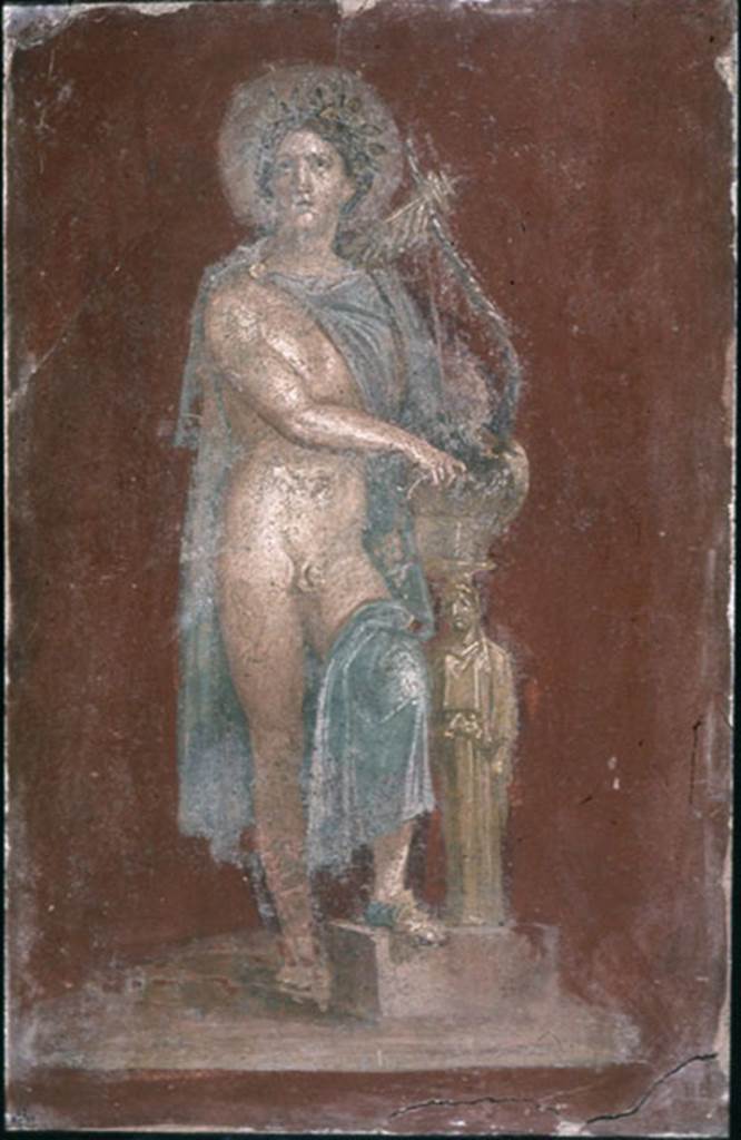 VI.9.6 Pompeii. Found on 9th June 1828. Apollo with cithara resting on archaic gold coloured statue.
Photo � The Trustees of the British Museum. Inventory number 1857,0415.1.
See Helbig, W., 1868. Wandgem�lde der vom Vesuv versch�tteten St�dte Campaniens. Leipzig: Breitkopf und H�rtel, 181.
