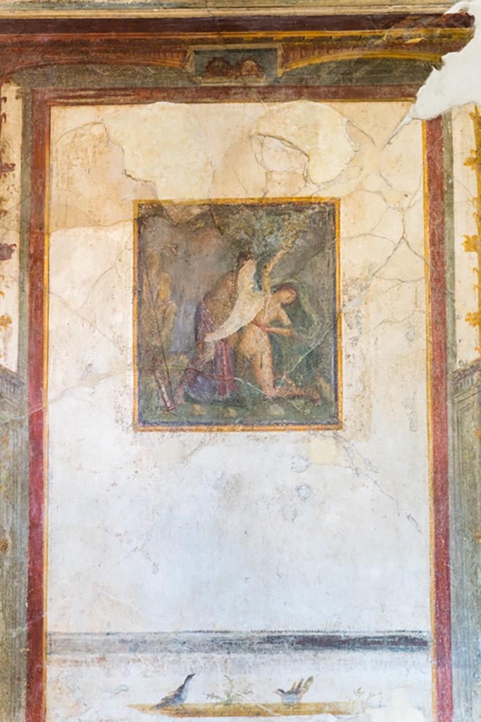 VI.9.6 Pompeii. January 2023.
Room 21, central panel on west wall with painting of Apollo and Daphne. Photo courtesy of Johannes Eber.