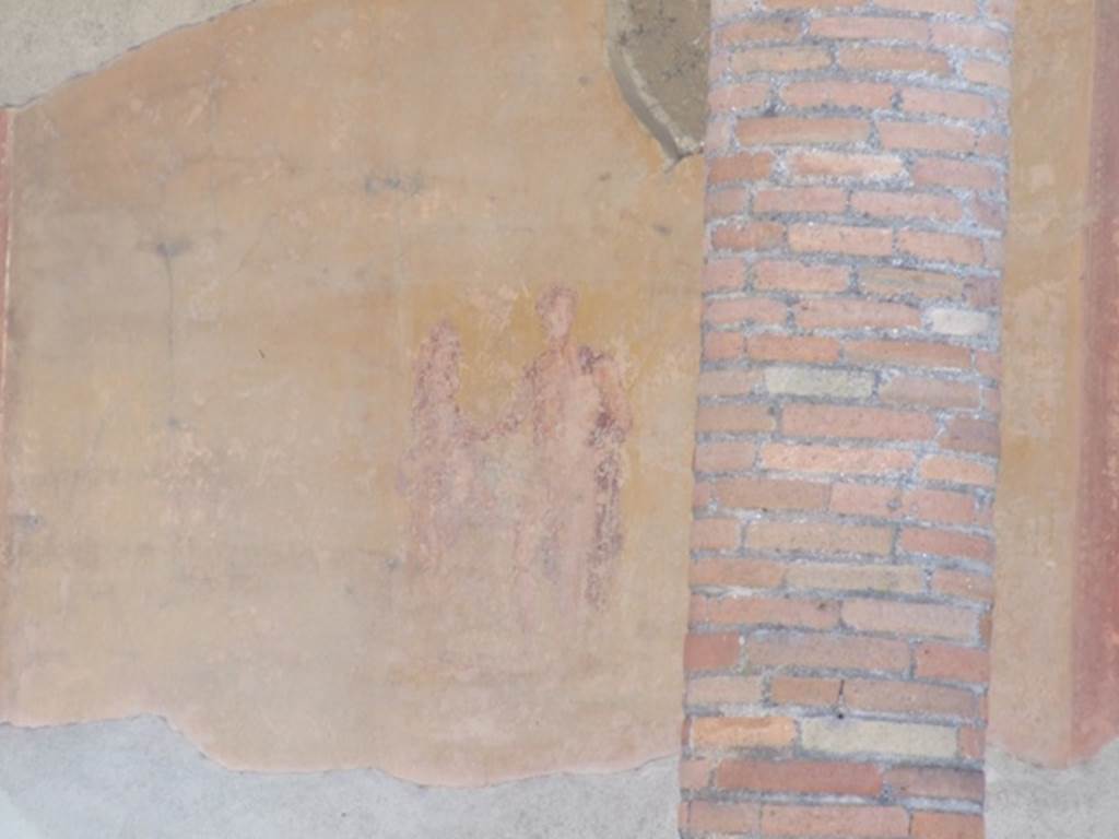 VI.9.6 Pompeii. March 2009. Room 6, wall painting of a youth with a red cloak holding a spear in his left hand and a horse with his right hand. 
From east end of south wall of peristyle. See Helbig, W., 1868. Wandgem�lde der vom Vesuv versch�tteten St�dte Campaniens. Leipzig: Breitkopf und H�rtel. (1841: p.431).
