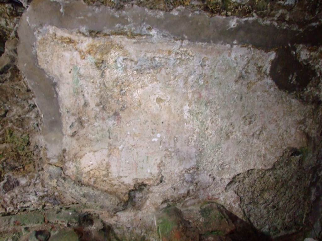 VI.9.10 Pompeii.  March 2009.  Kitchen.  North wall.  Remains of painted Lararium.  Giacobello mentions a Lararium painting identified by Boyce (1937, p.50, n. 175) but with no description or picture.  It was on the north wall of the subterranean kitchen above a small rectangular altar.  Neither has a picture.  Fr�hlich does not mention it at all.  See Giacobello, F., 2008. Larari Pompeiani: Iconografia e culto dei Lari in ambito domestico.  Milano: LED Edizioni. (54: p175).  For a more detailed view of the Lararium painting see the link to part 3, below.