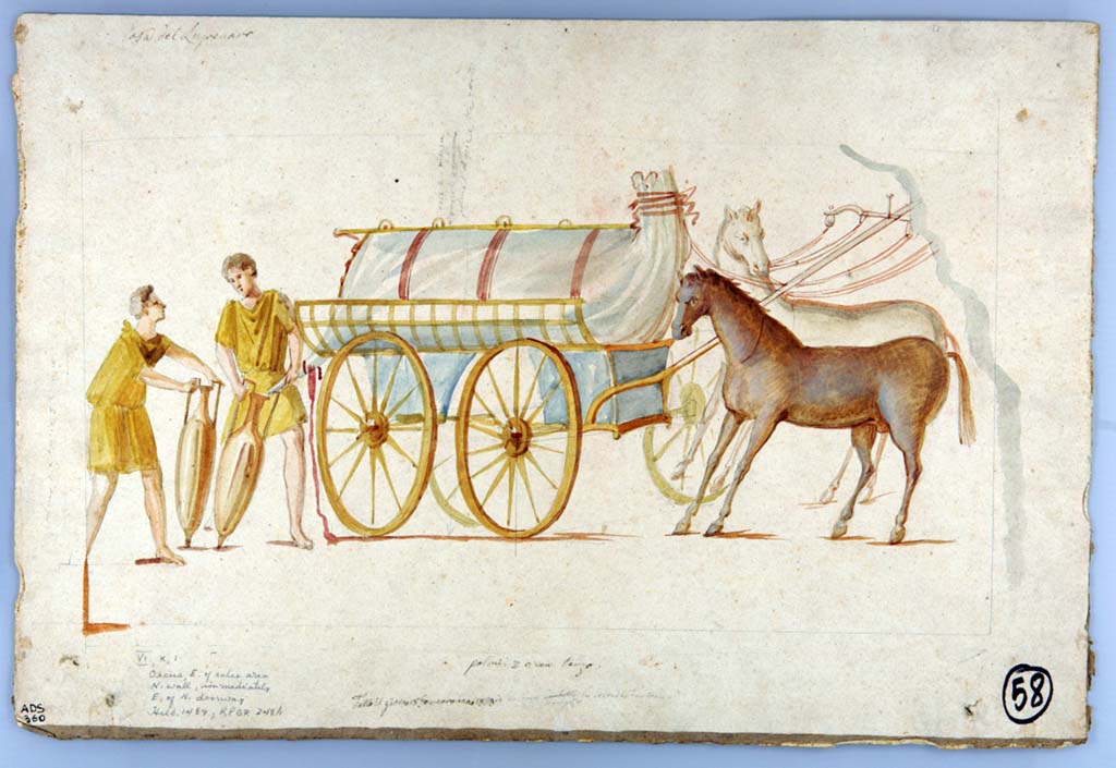 VI.10.1 Pompeii. Painting by Giuseppe Marsigli made 18th January 1828. 
The (later) note on this painting says 
  VI.X.1
  Oecus E of sales area
  N Wall immediately
  E of N doorway
  Helbig 1487 RPGR 248h
According to the ICCD scheda: L'acquerello raffigura la vignetta dipinta sulla pereta N dell'ambiente b della Caupona della Via di Mercurio a Pompei (VI 10, 1), rimasta in situ e non pi� leggibile.
Now in Naples Archaeological Museum. Inventory number ADS 360.
Photo � ICCD. https://www.catalogo.beniculturali.it
Utilizzabili alle condizioni della licenza Attribuzione - Non commerciale - Condividi allo stesso modo 2.5 Italia (CC BY-NC-SA 2.5 IT)

